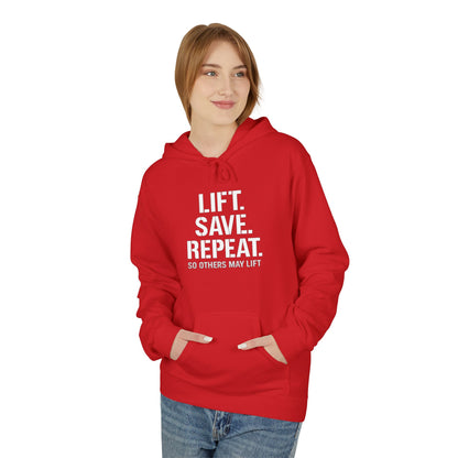 Lift Safe Repeat Hoodie — Fitness Motivational Pullover with Subtle Text