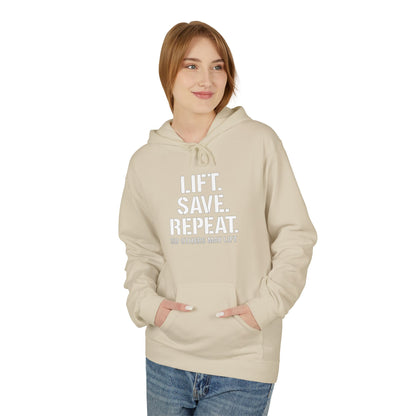 Lift Safe Repeat Hoodie — Fitness Motivational Pullover with Subtle Text