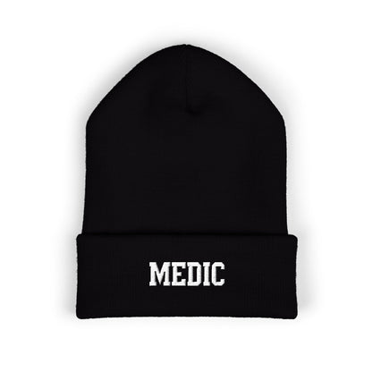 Medic Embroidered Cuffed Beanie — Tactical Olive Knit Hat for First Responders