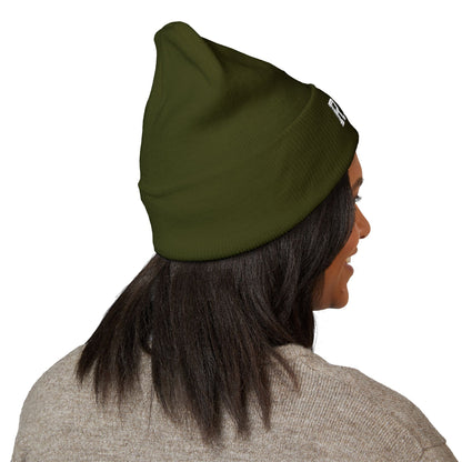 Embroidered 'REMS' Classic Cuffed Beanie – Olive Knit Winter Hat