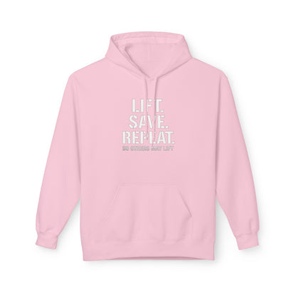 Lift Safe Repeat Hoodie — Fitness Motivational Pullover with Subtle Text