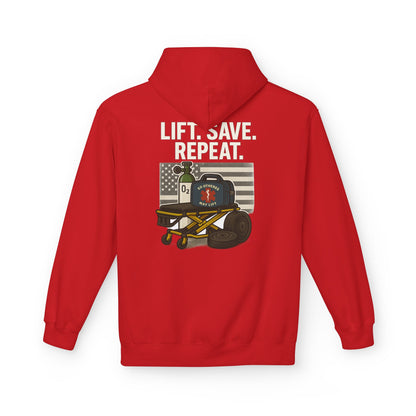 Weightlifting Hoodie — “Lift. Save. Repeat.” EMS First Responder Gym Pullover