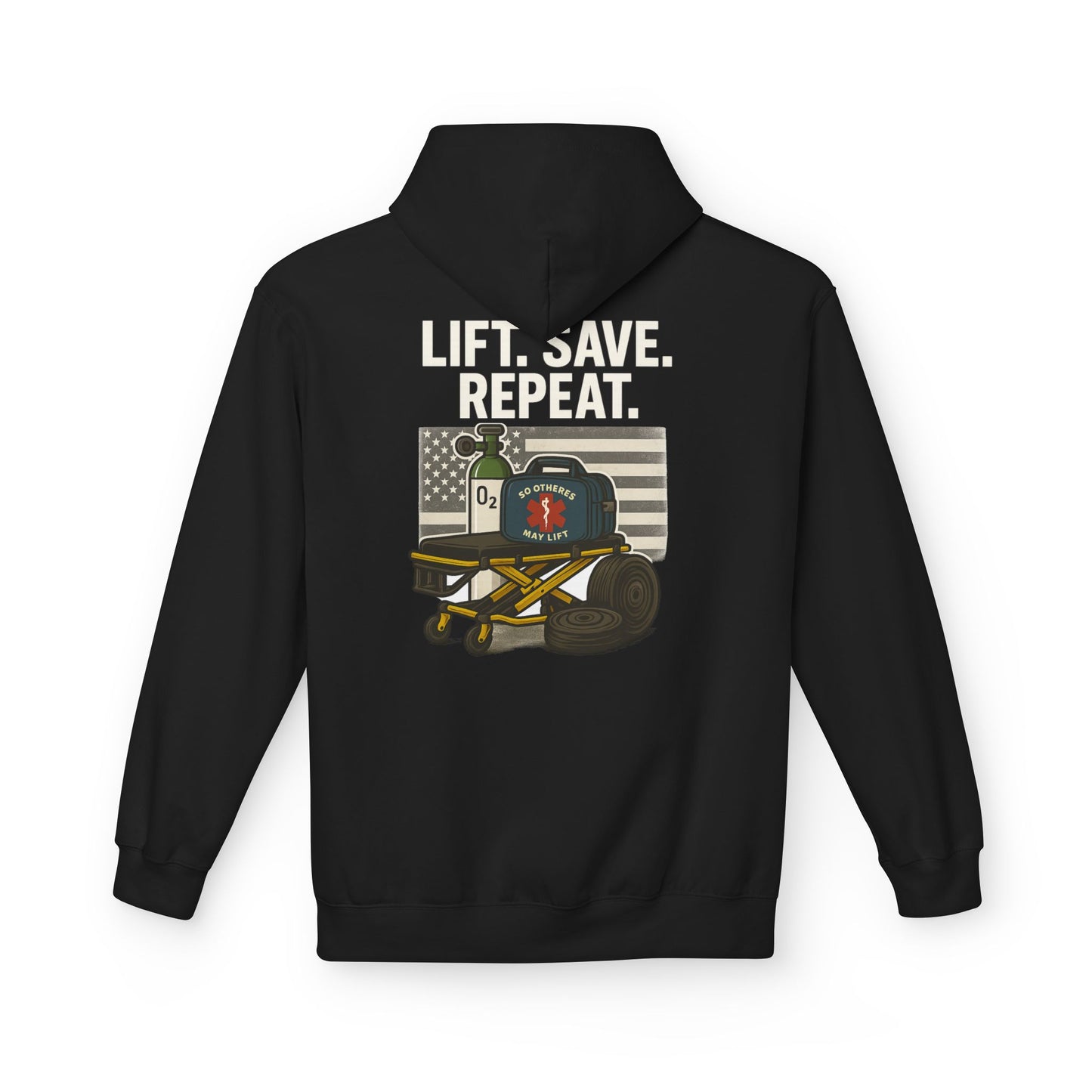 Weightlifting Hoodie — “Lift. Save. Repeat.” EMS First Responder Gym Pullover