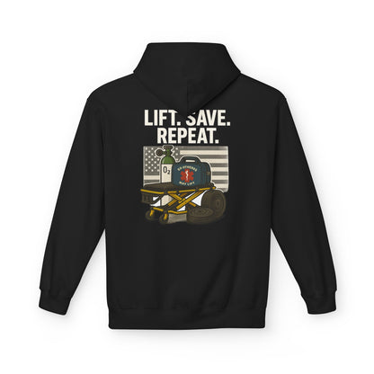 Weightlifting Hoodie — “Lift. Save. Repeat.” EMS First Responder Gym Pullover