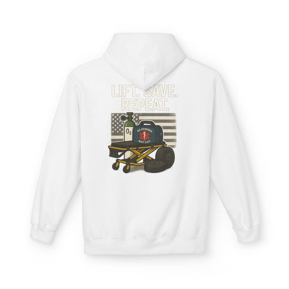 Weightlifting Hoodie — “Lift. Save. Repeat.” EMS First Responder Gym Pullover
