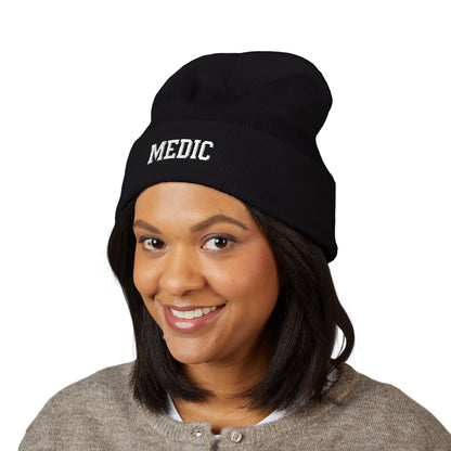 Medic Embroidered Cuffed Beanie — Tactical Olive Knit Hat for First Responders