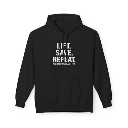 Lift Safe Repeat Hoodie — Fitness Motivational Pullover with Subtle Text