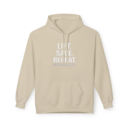 Lift Safe Repeat Hoodie — Fitness Motivational Pullover with Subtle Text