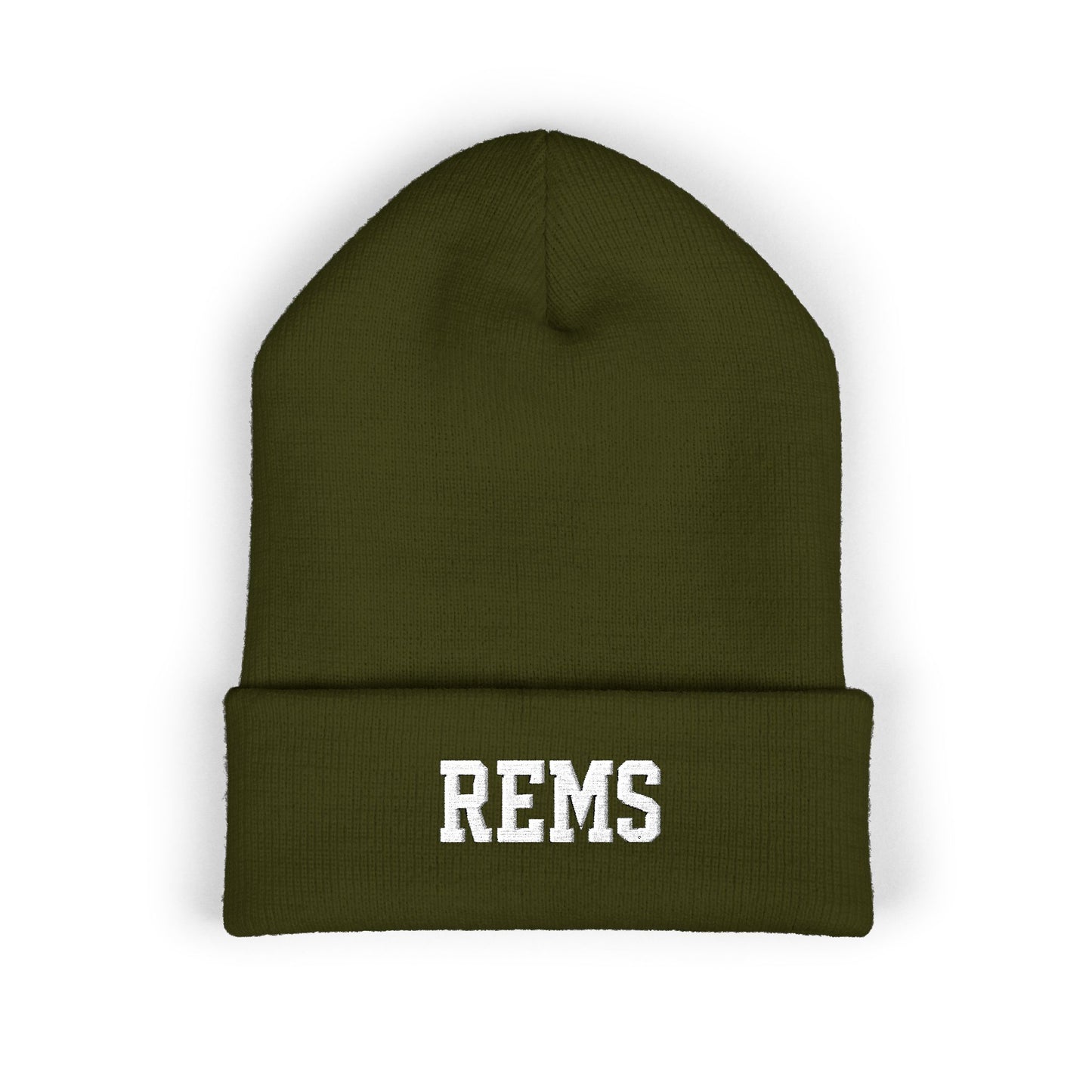 Embroidered 'REMS' Classic Cuffed Beanie – Olive Knit Winter Hat