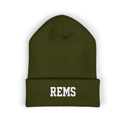 Embroidered 'REMS' Classic Cuffed Beanie – Olive Knit Winter Hat