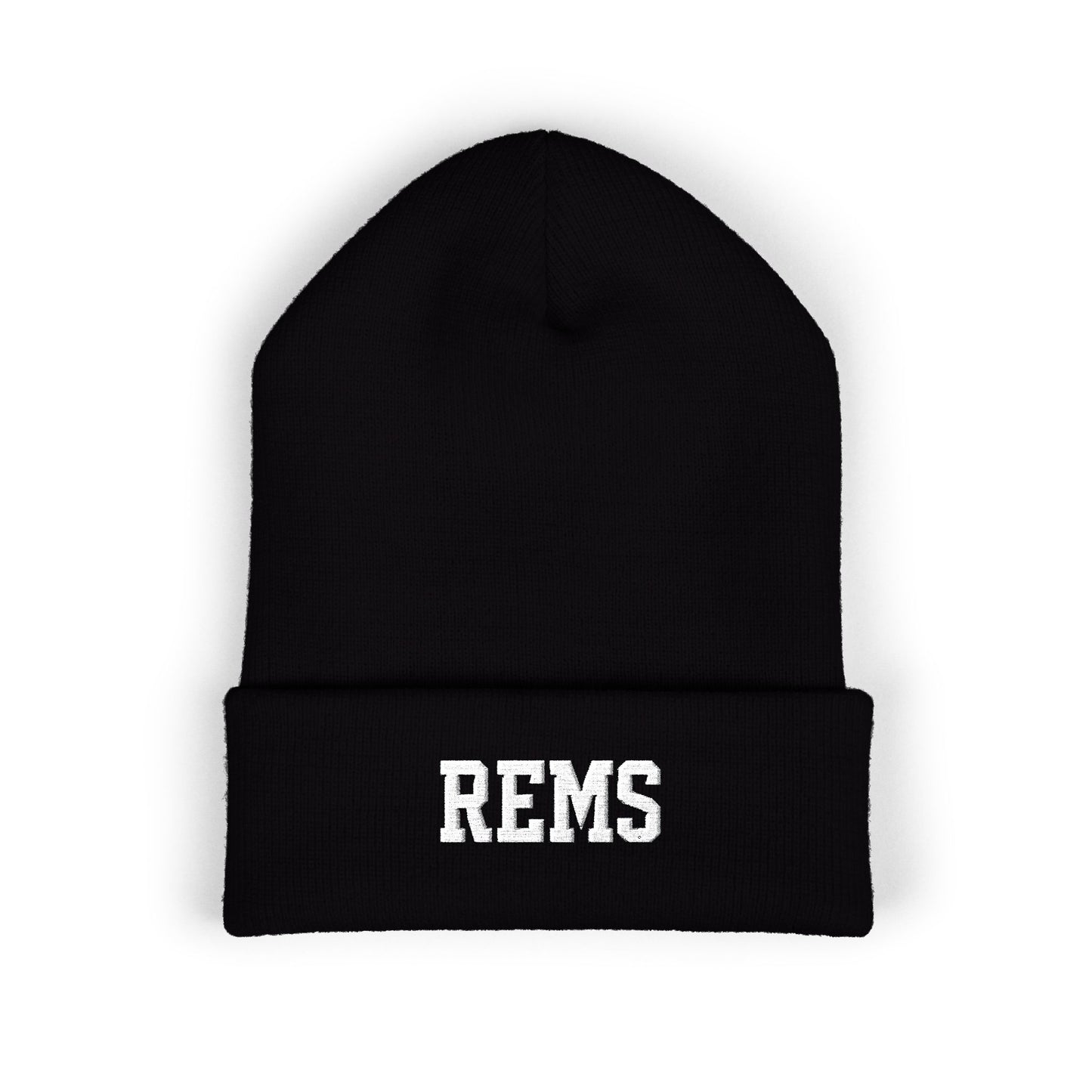 Embroidered 'REMS' Classic Cuffed Beanie – Olive Knit Winter Hat
