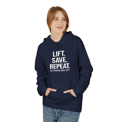 Lift Safe Repeat Hoodie — Fitness Motivational Pullover with Subtle Text