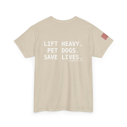 Unisex Heavy Cotton Tee: Lift Heavy, Pet Dogs, Save Lives - Perfect for Dog Lovers, Fitness Enthusiasts, Casual Wear, Gifts, and Gym Apparel