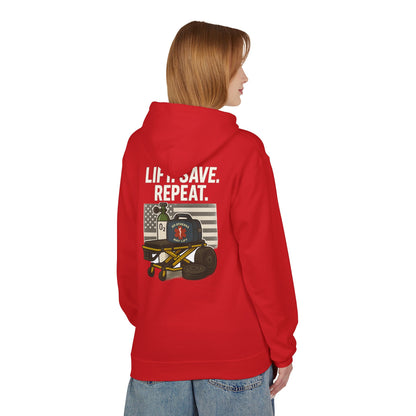 Weightlifting Hoodie — “Lift. Save. Repeat.” EMS First Responder Gym Pullover