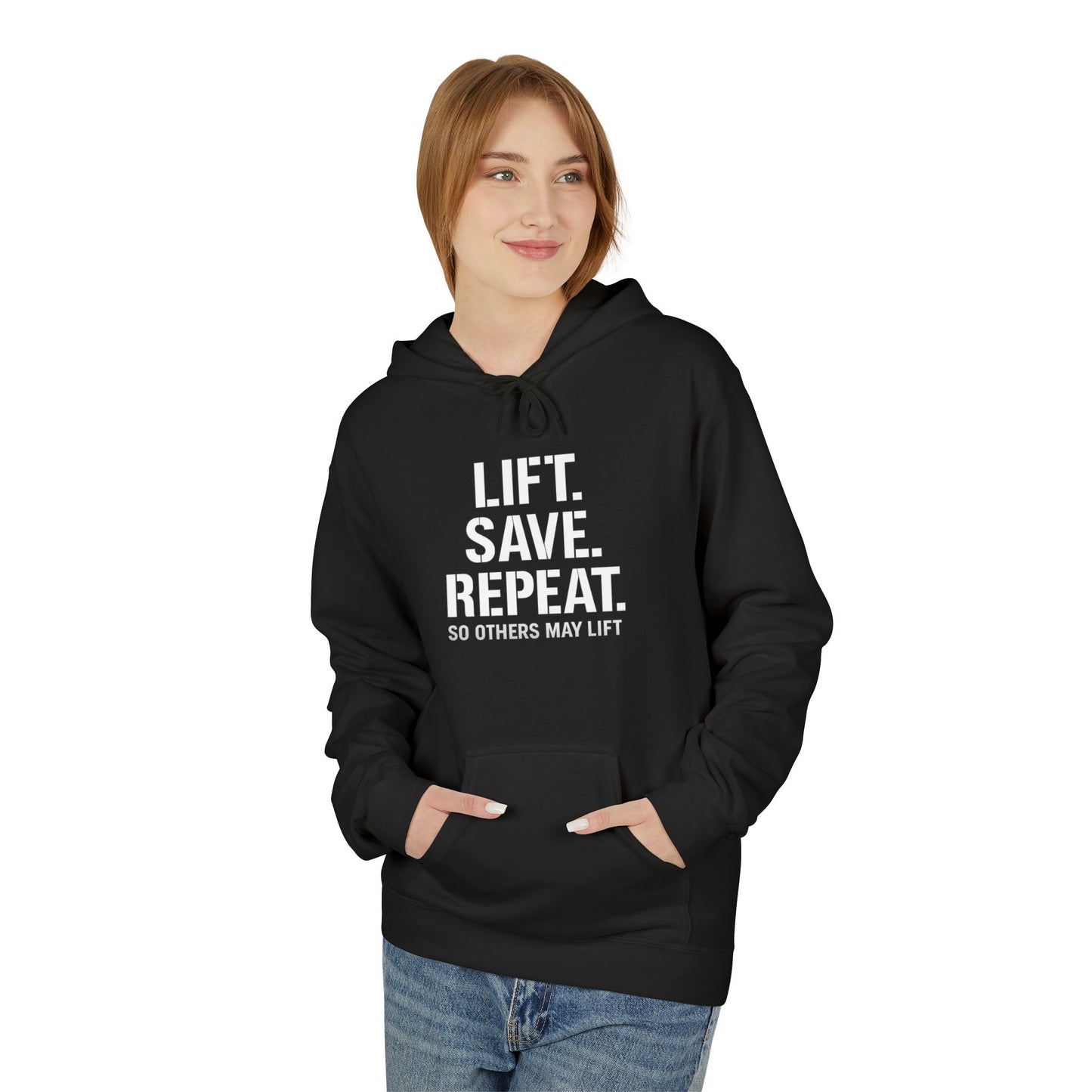 Lift Safe Repeat Hoodie — Fitness Motivational Pullover with Subtle Text