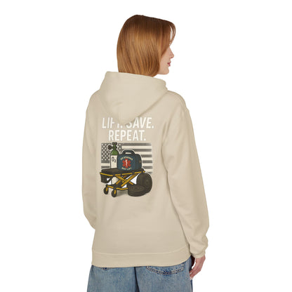 Weightlifting Hoodie — “Lift. Save. Repeat.” EMS First Responder Gym Pullover
