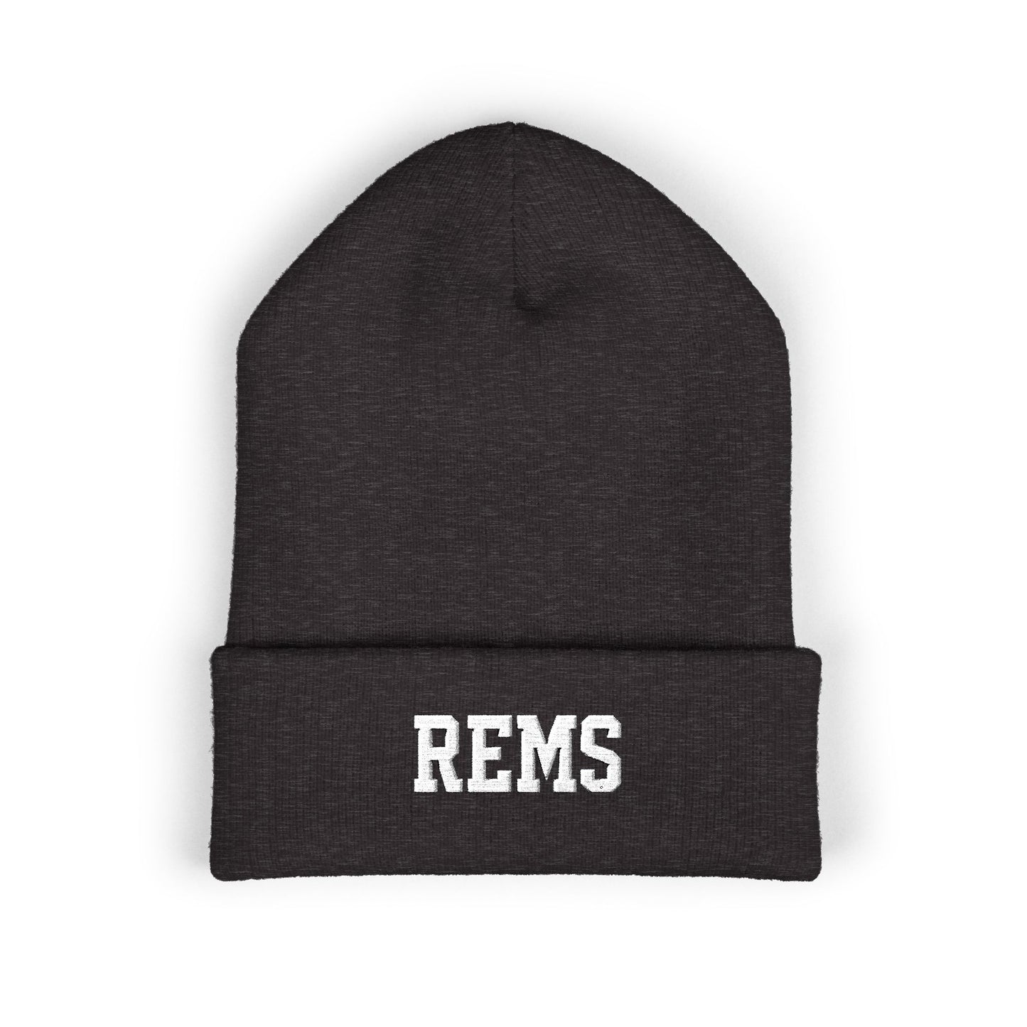 Embroidered 'REMS' Classic Cuffed Beanie – Olive Knit Winter Hat