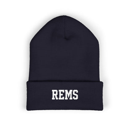 Embroidered 'REMS' Classic Cuffed Beanie – Olive Knit Winter Hat