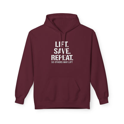 Lift Safe Repeat Hoodie — Fitness Motivational Pullover with Subtle Text