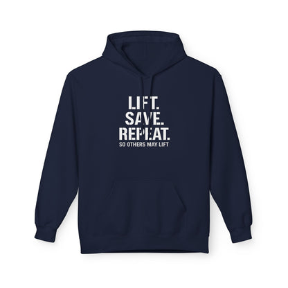 Lift Safe Repeat Hoodie — Fitness Motivational Pullover with Subtle Text