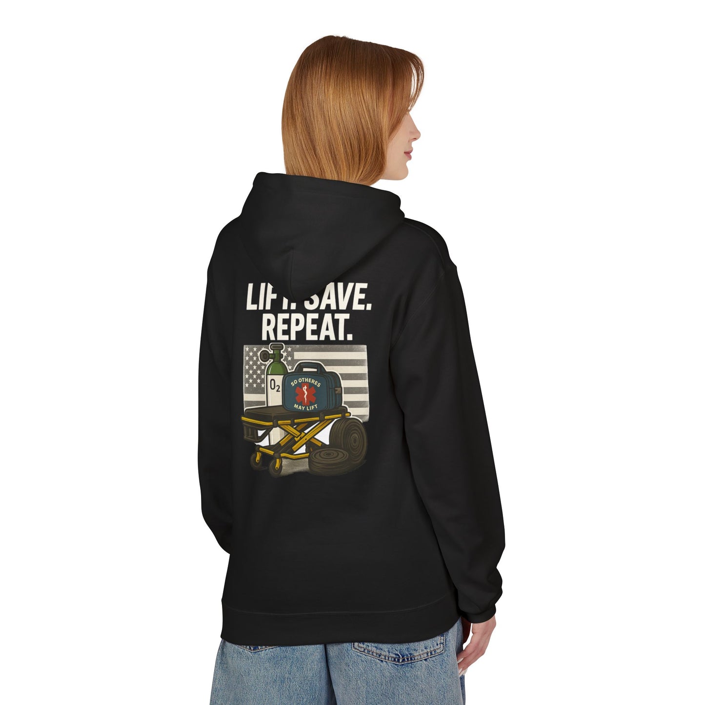 Weightlifting Hoodie — “Lift. Save. Repeat.” EMS First Responder Gym Pullover