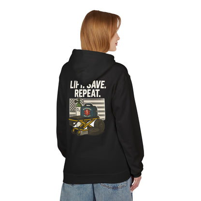 Weightlifting Hoodie — “Lift. Save. Repeat.” EMS First Responder Gym Pullover