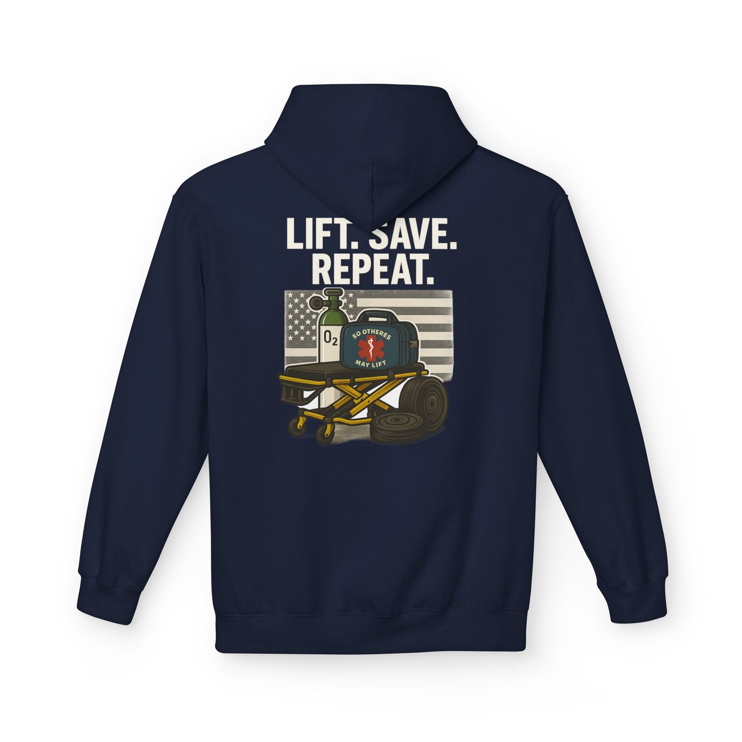 Weightlifting Hoodie — “Lift. Save. Repeat.” EMS First Responder Gym Pullover