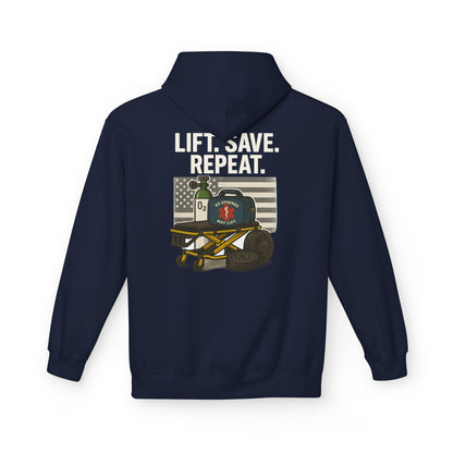 Weightlifting Hoodie — “Lift. Save. Repeat.” EMS First Responder Gym Pullover