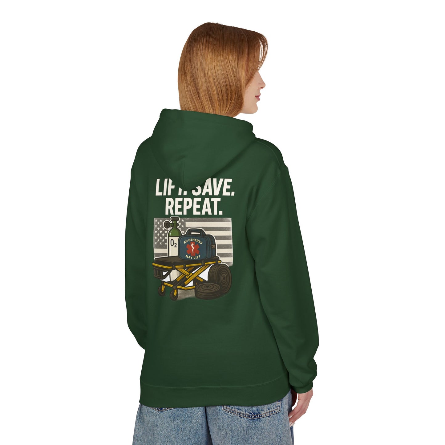 Weightlifting Hoodie — “Lift. Save. Repeat.” EMS First Responder Gym Pullover