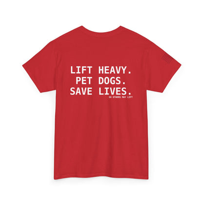 Unisex Heavy Cotton Tee: Lift Heavy, Pet Dogs, Save Lives - Perfect for Dog Lovers, Fitness Enthusiasts, Casual Wear, Gifts, and Gym Apparel