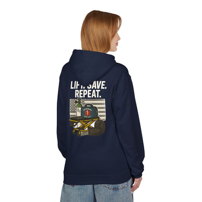 Weightlifting Hoodie — “Lift. Save. Repeat.” EMS First Responder Gym Pullover