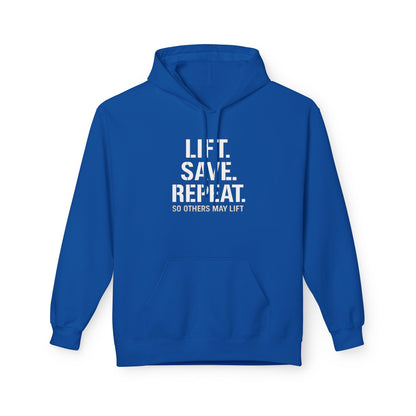 Lift Safe Repeat Hoodie — Fitness Motivational Pullover with Subtle Text