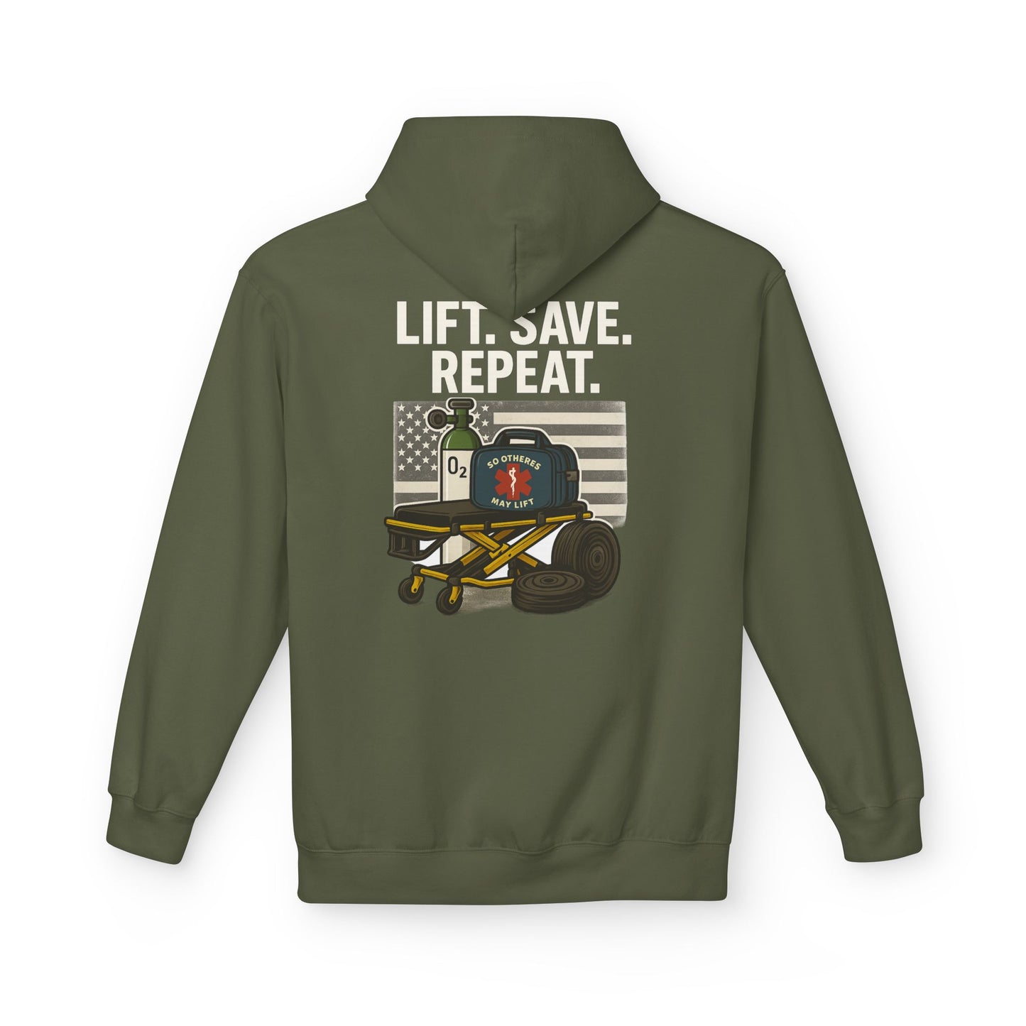 Weightlifting Hoodie — “Lift. Save. Repeat.” EMS First Responder Gym Pullover