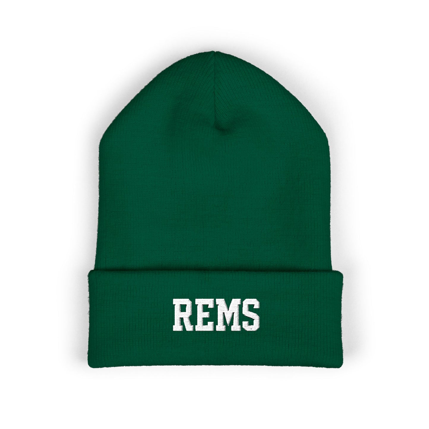 Embroidered 'REMS' Classic Cuffed Beanie – Olive Knit Winter Hat