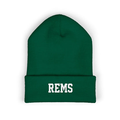 Embroidered 'REMS' Classic Cuffed Beanie – Olive Knit Winter Hat