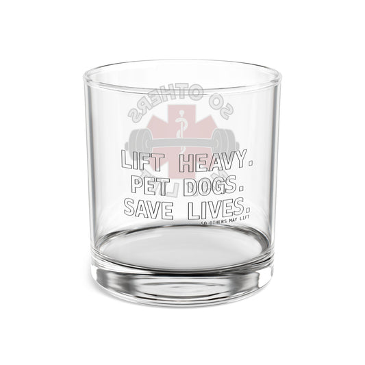 10oz Rocks Glass — “So Others May Lift” EMS Barbell Design
