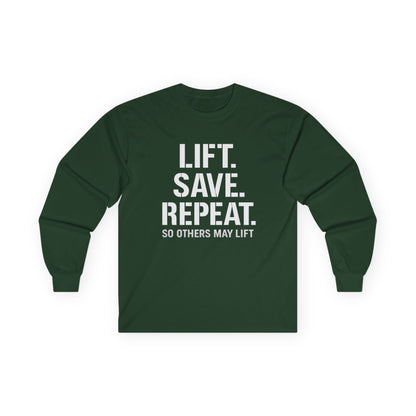 Long Sleeve Tee — "Lift. Save. Repeat." Motivational Weightlifting Shirt