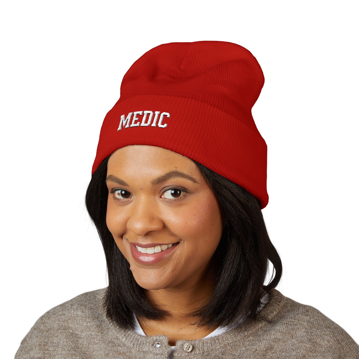 Medic Embroidered Cuffed Beanie — Tactical Olive Knit Hat for First Responders