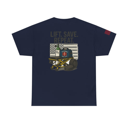 EMS Motivational T-Shirt, Unisex Tee for Fitness, Lift Save Repeat Shirt, Gifts for First Responders, Workout Apparel, Patriotic Top