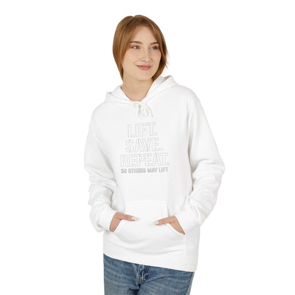 Lift Safe Repeat Hoodie — Fitness Motivational Pullover with Subtle Text