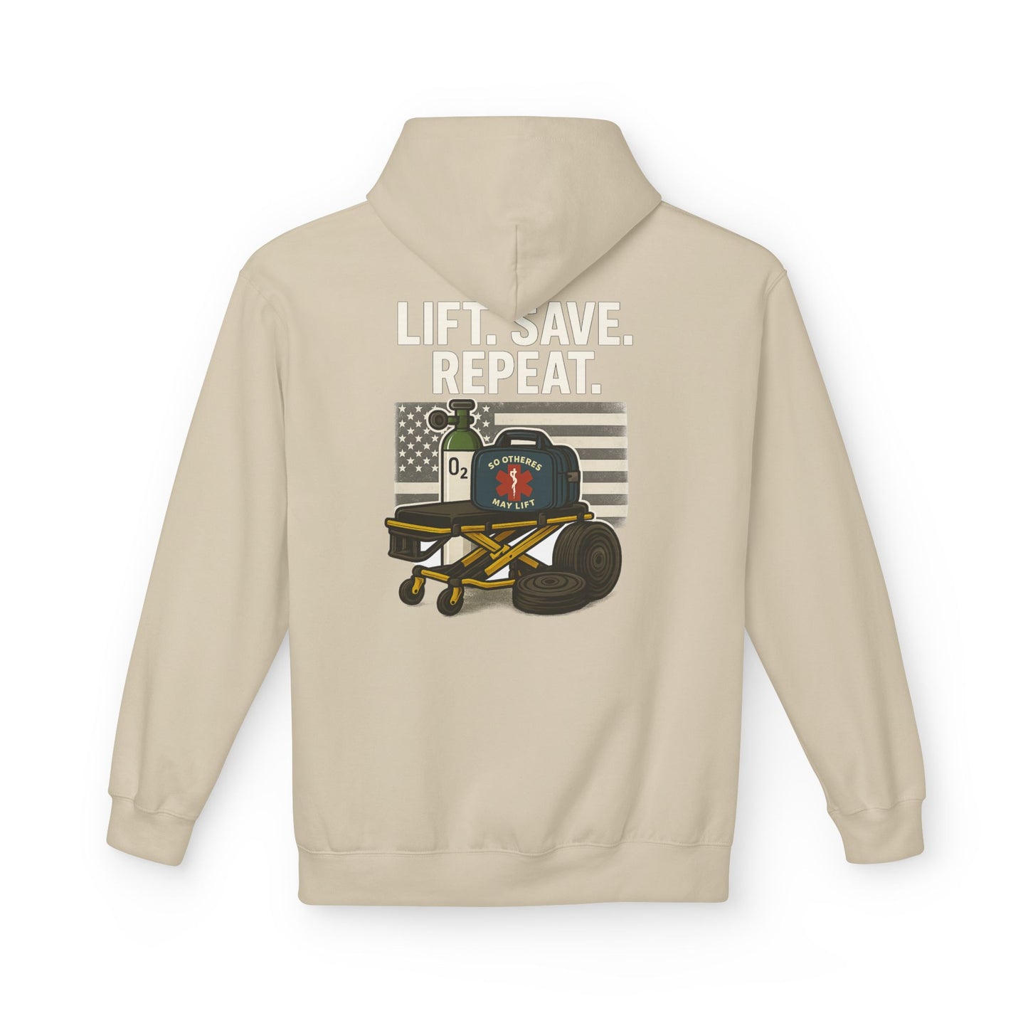 Weightlifting Hoodie — “Lift. Save. Repeat.” EMS First Responder Gym Pullover