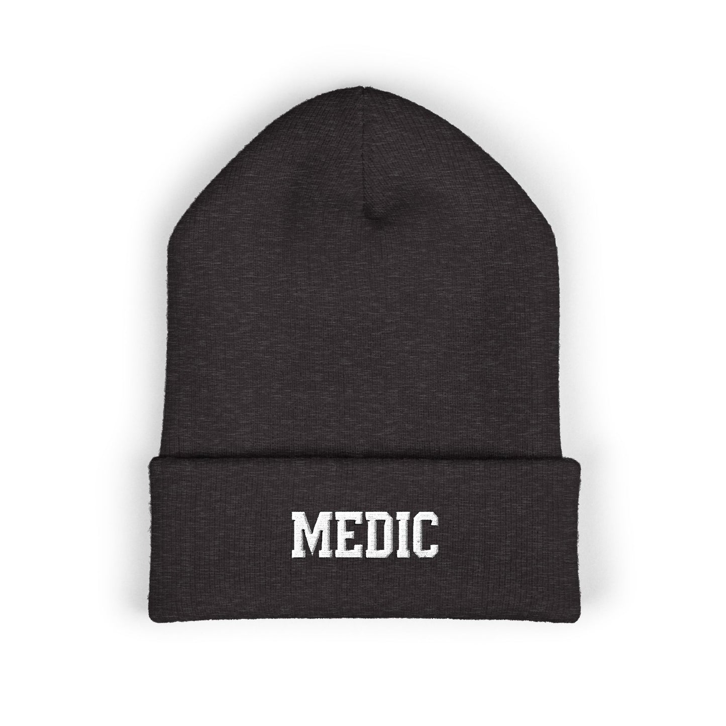 Medic Embroidered Cuffed Beanie — Tactical Olive Knit Hat for First Responders