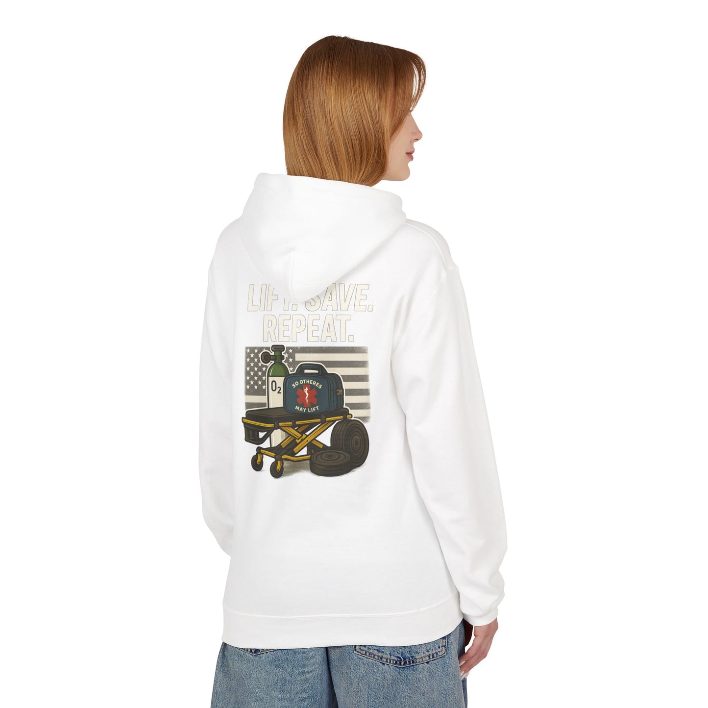 Weightlifting Hoodie — “Lift. Save. Repeat.” EMS First Responder Gym Pullover