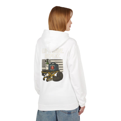 Weightlifting Hoodie — “Lift. Save. Repeat.” EMS First Responder Gym Pullover