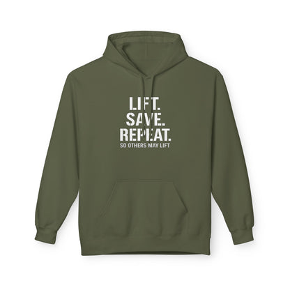 Lift Safe Repeat Hoodie — Fitness Motivational Pullover with Subtle Text