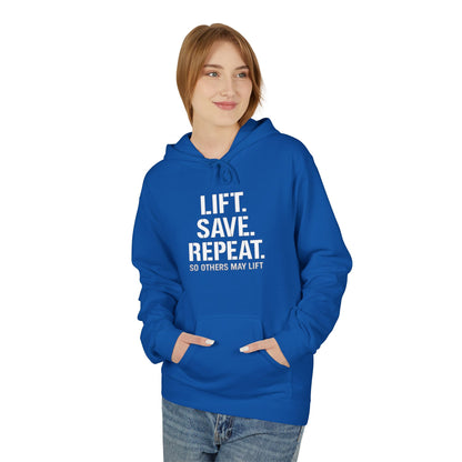 Lift Safe Repeat Hoodie — Fitness Motivational Pullover with Subtle Text