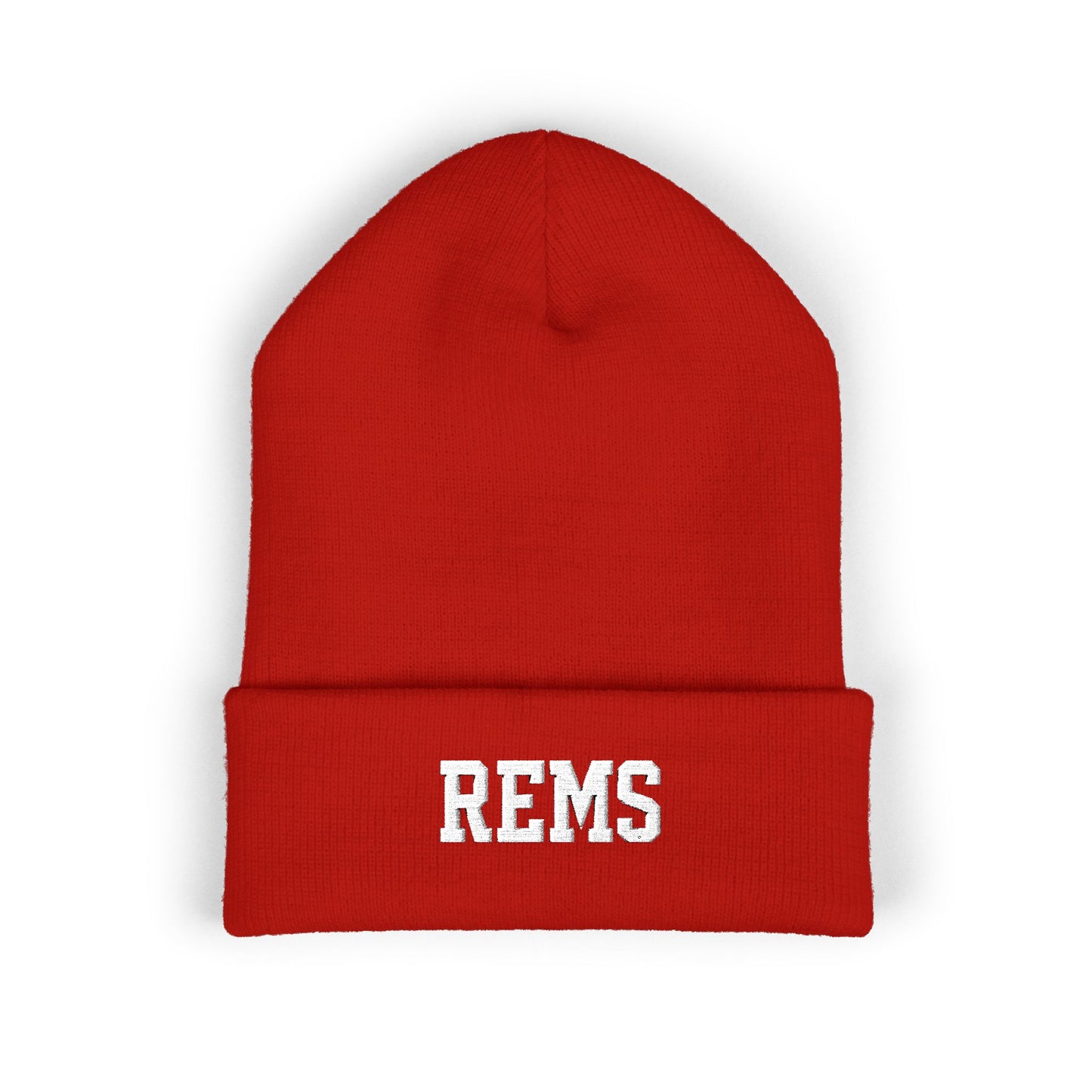 Embroidered 'REMS' Classic Cuffed Beanie – Olive Knit Winter Hat