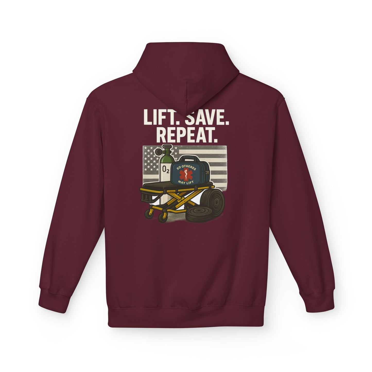 Weightlifting Hoodie — “Lift. Save. Repeat.” EMS First Responder Gym Pullover