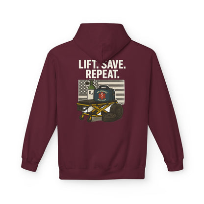 Weightlifting Hoodie — “Lift. Save. Repeat.” EMS First Responder Gym Pullover