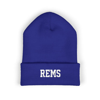 Embroidered 'REMS' Classic Cuffed Beanie – Olive Knit Winter Hat